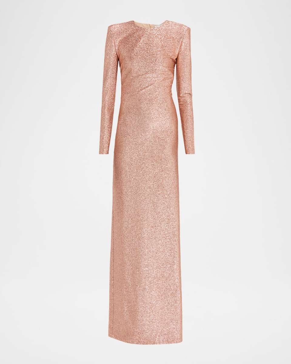 Long Sleeve Stretch Lame Gown